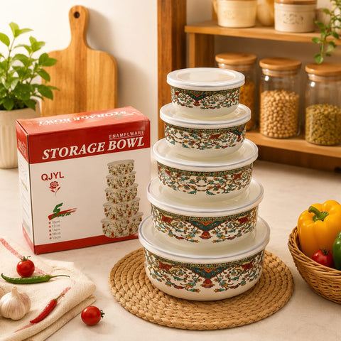 Premium enamel food container and serving bowl set available in 10cm, 12cm, 14cm, 16cm, and 18cm sizes for food storage, meal serving, fruits, salads, and kitchen use.