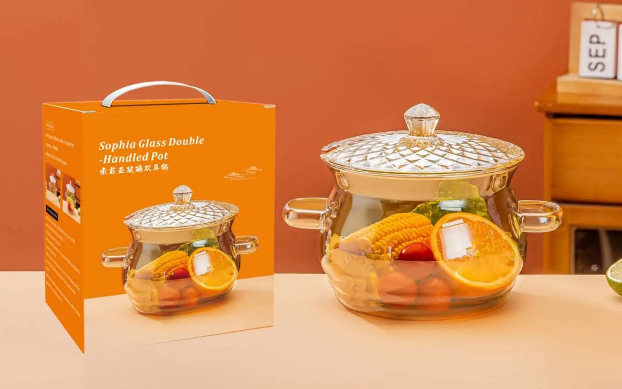 Hammer Pattern Clear Borosilicate Glass Pot with Double Ear Handle