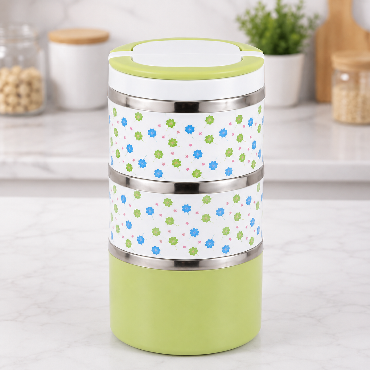 3 Layer Stainless Steel Round Lunch Box with Colorful Exterior
