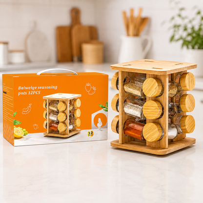 3 tier bamboo rotating spice rack with 12 glass jars