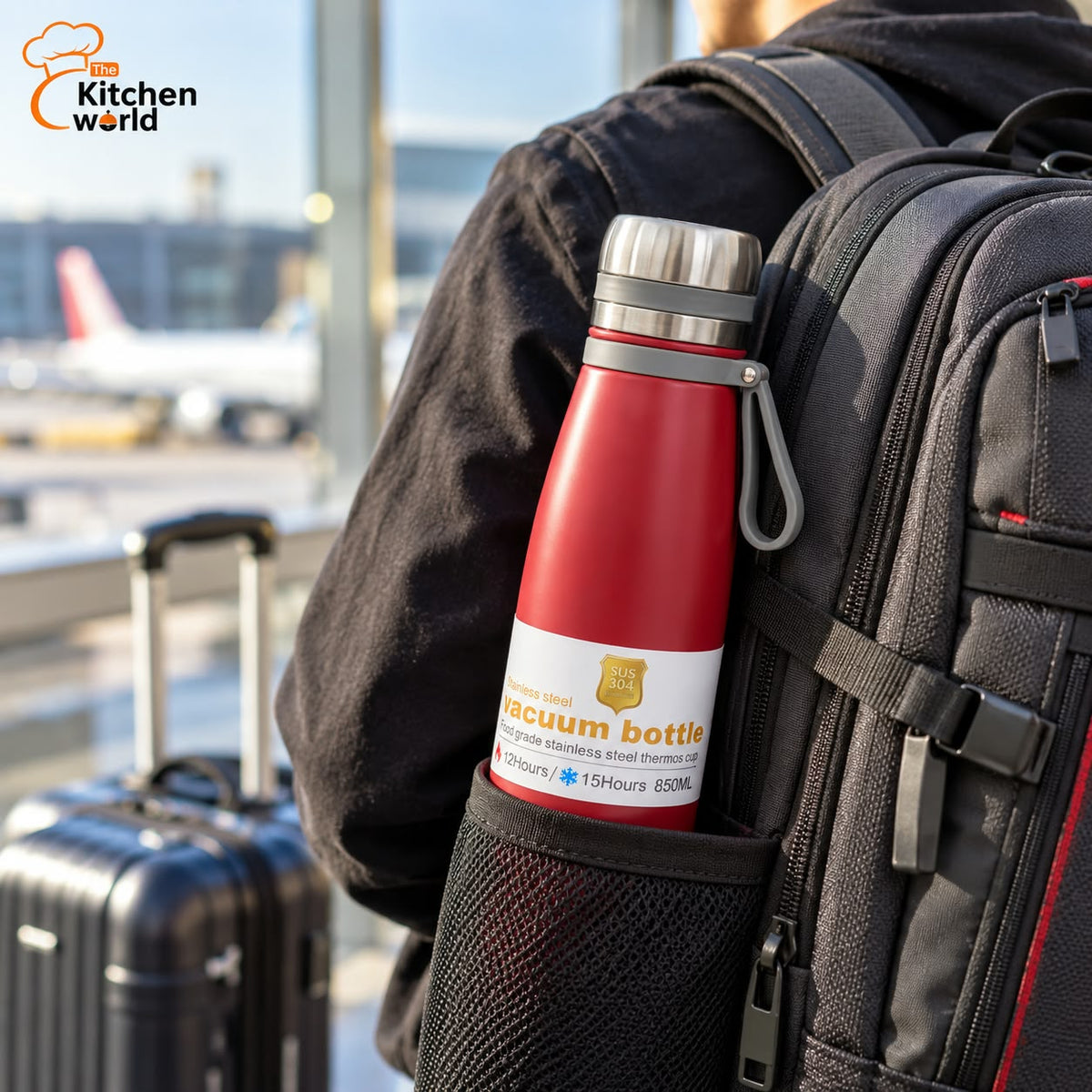 Stainless steel vacuum bottle for hot and cold beverages, suitable for home, office, travel, picnics, and outdoor activities.