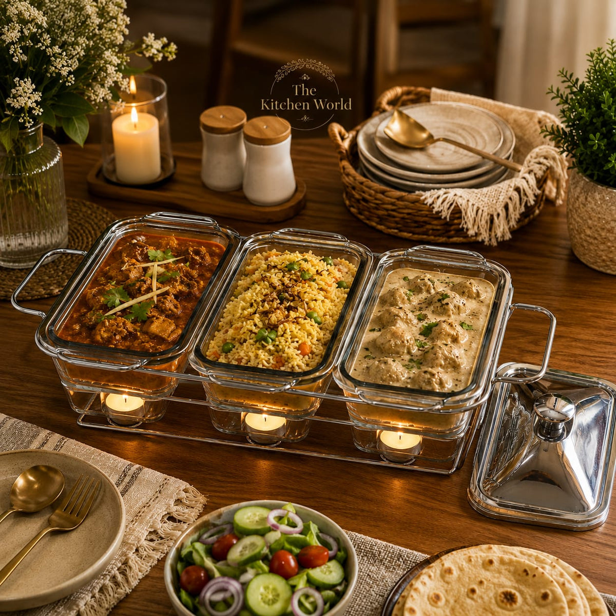 Stainless steel 4 compartment buffet serving dish with stand for serving multiple dishes