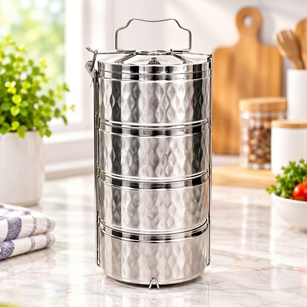 4-Tier Stainless Steel Tiffin Carrier | Multi-Layer Lunch Box with Secure Lock & Handle | The Kitchen World