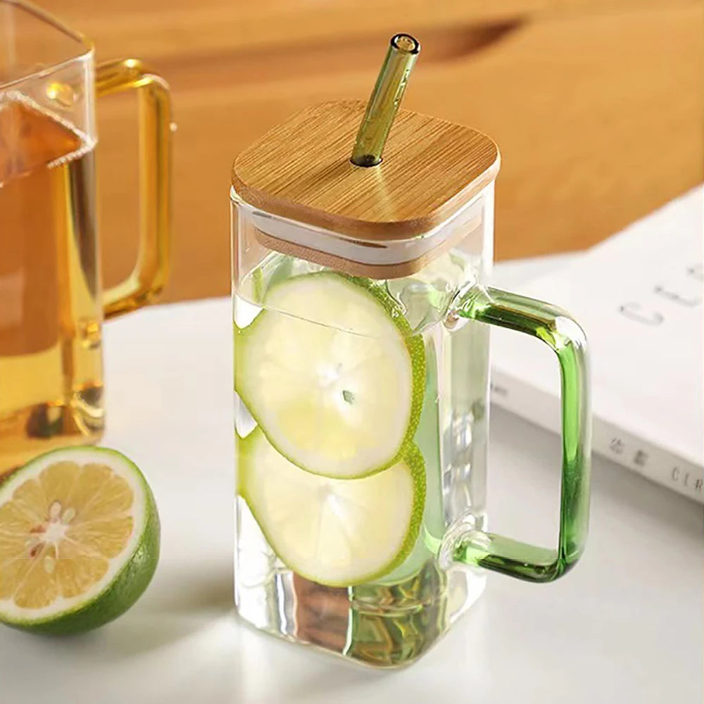 400ml square high borosilicate glass cup with handle and lid