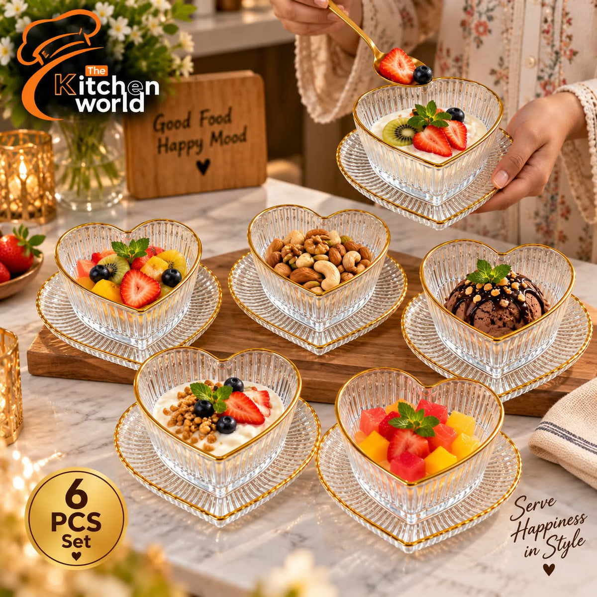 Elegant love shape dessert set with matching saucers for serving desserts, sweets, and snacks.