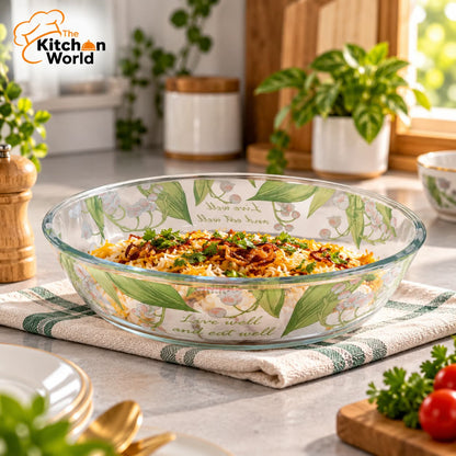 Floral print oven safe serving dish with elegant design, suitable for baking, cooking, reheating, and serving food.