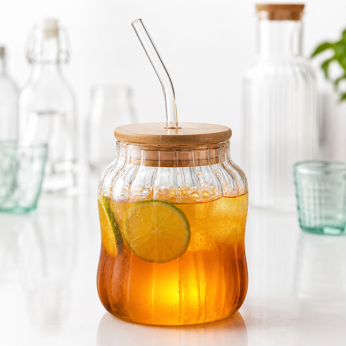 450ml sublimation glass cup with bamboo lid and glass straw