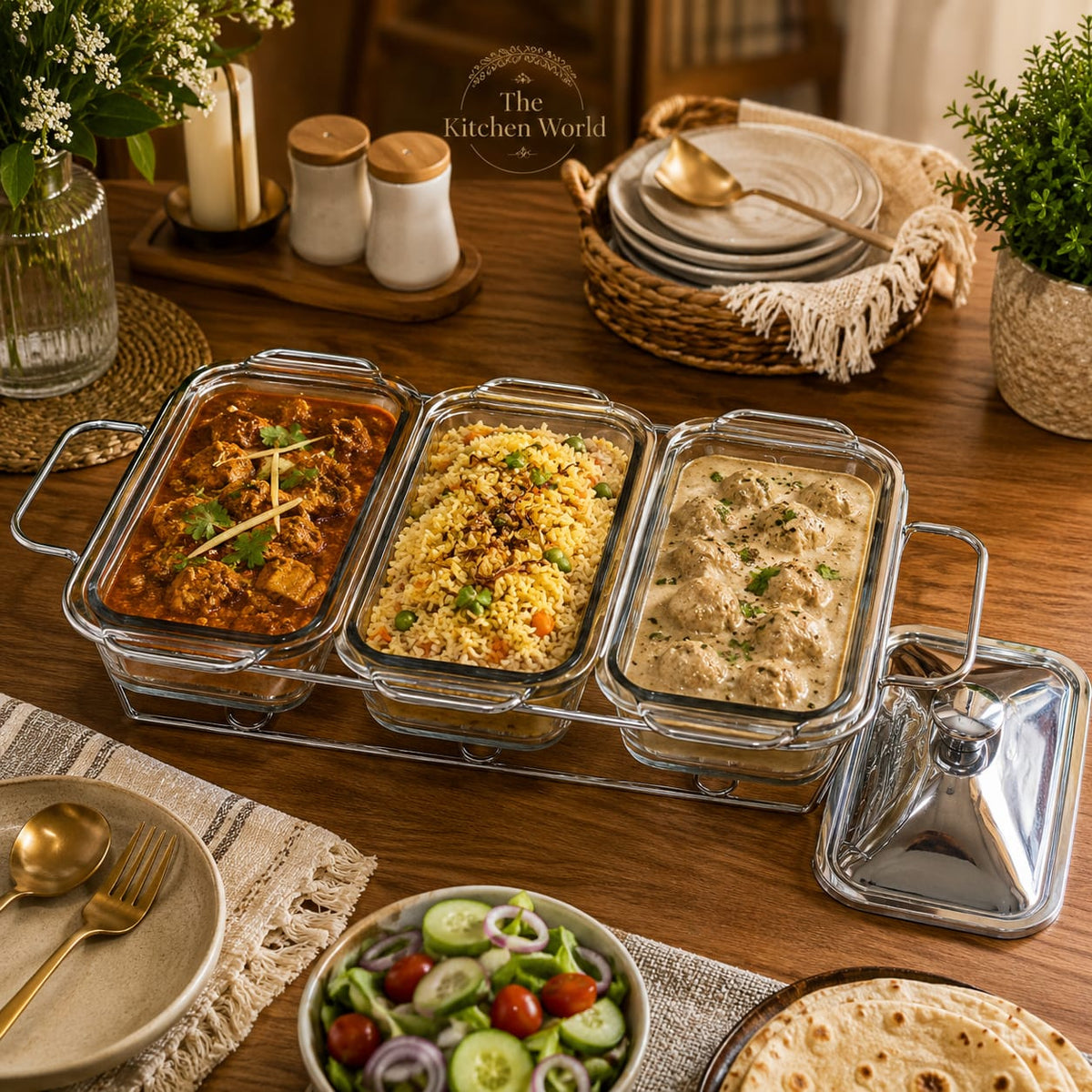 Stainless steel 4 compartment buffet serving dish with stand for serving multiple dishes
