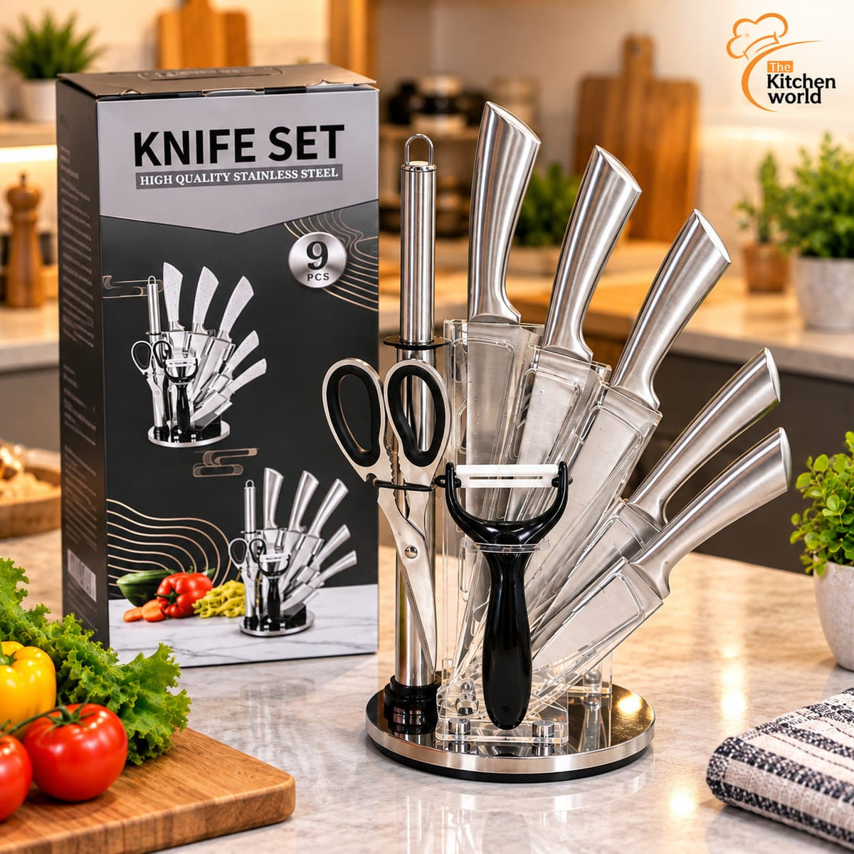 9-piece stainless steel kitchen knife set with horseshoe hollow handles and a rotating knife holder.