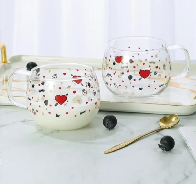 Love Printed Borosilicate Glass Cups – 6pcs Set | Heat Resistant Transparent Coffee &amp; Tea Mug Set