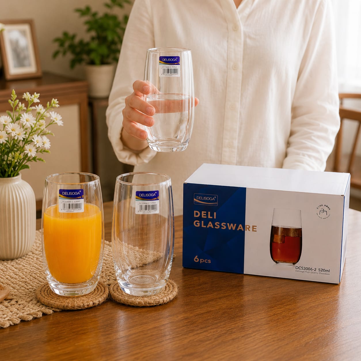 Delisoga Heatproof Water Glass Set | 520ml Borosilicate Drinking Glasses (Set of 6)