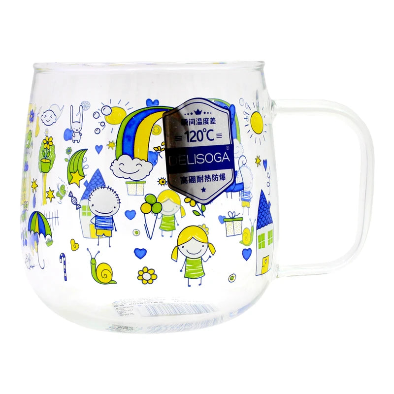 530ml Cartoon Printed Borosilicate Mug – Heat Resistant Glass Cup for Coffee, Tea &amp; Juice