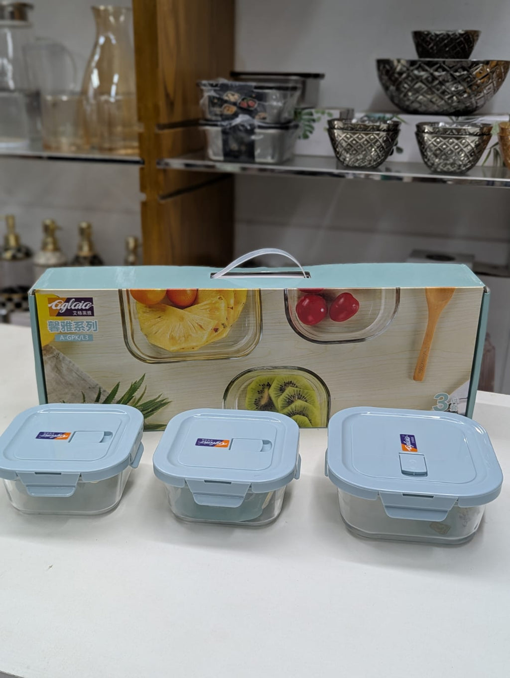 3 Pieces Borosilicate Glass Food Storage Containers Microwave Safe Home Airtight Food Bowl Set