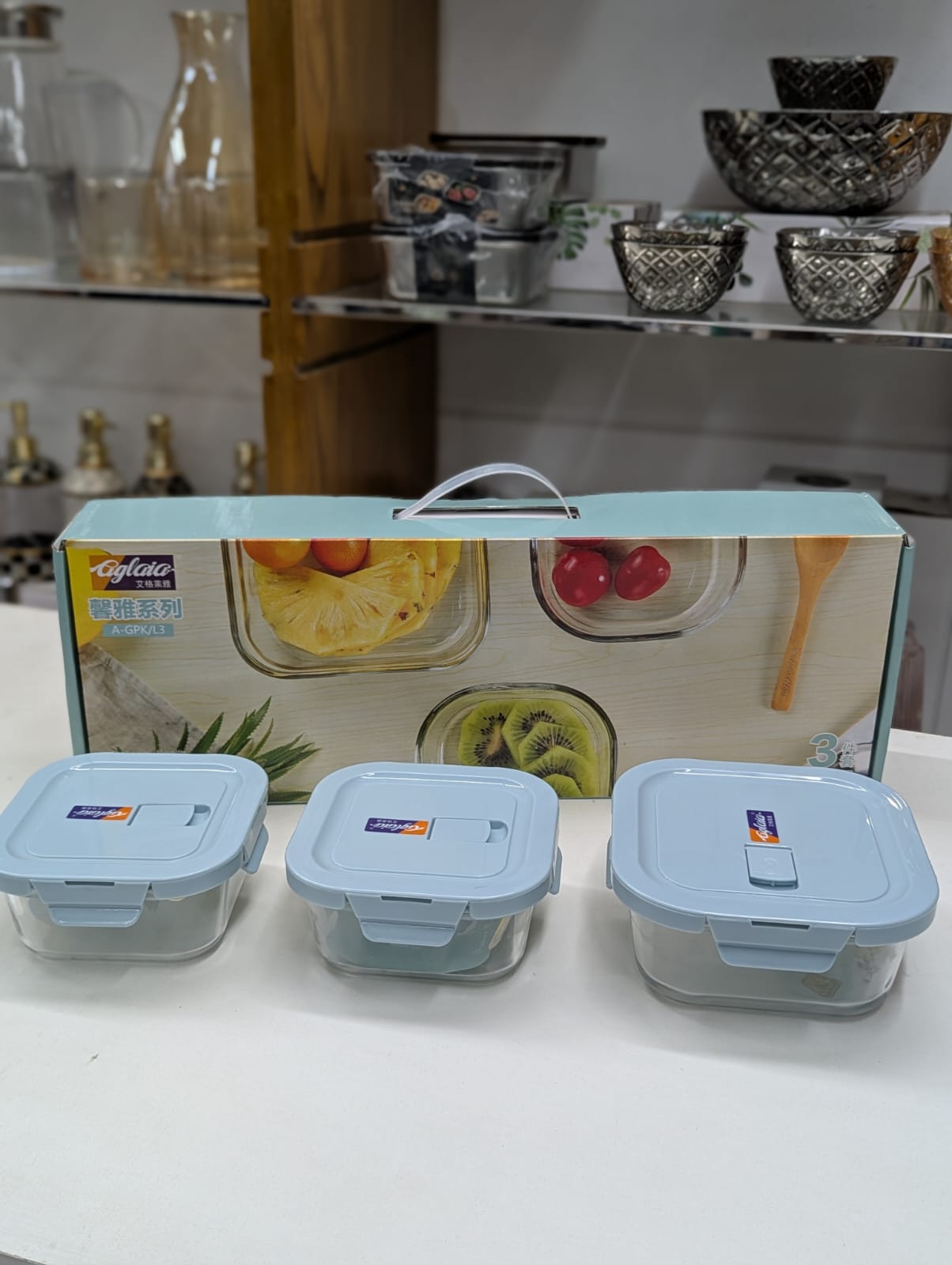 3 Pieces Borosilicate Glass Food Storage Containers Microwave Safe Home Airtight Food Bowl Set
