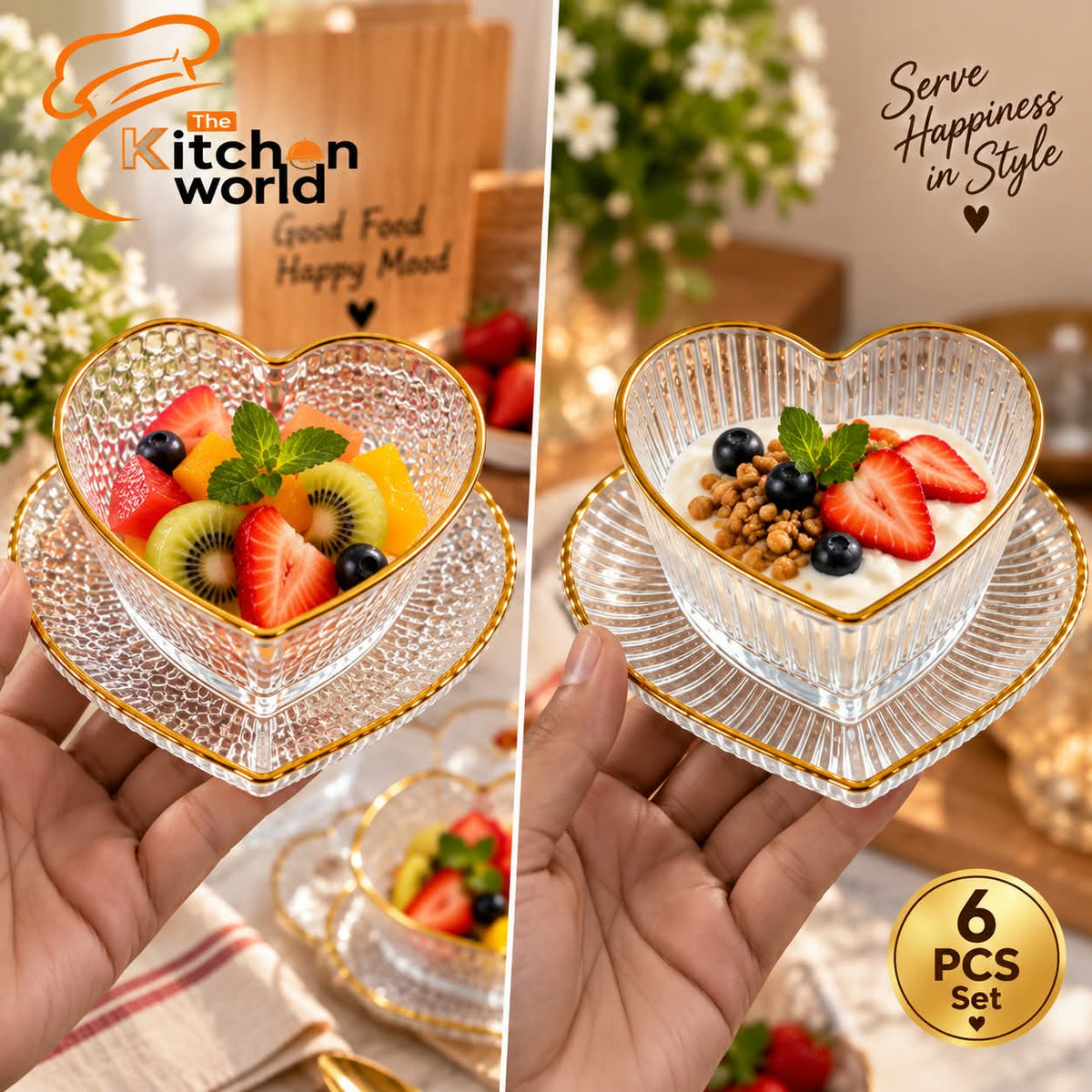 Elegant love shape dessert set with matching saucers for serving desserts, sweets, and snacks.