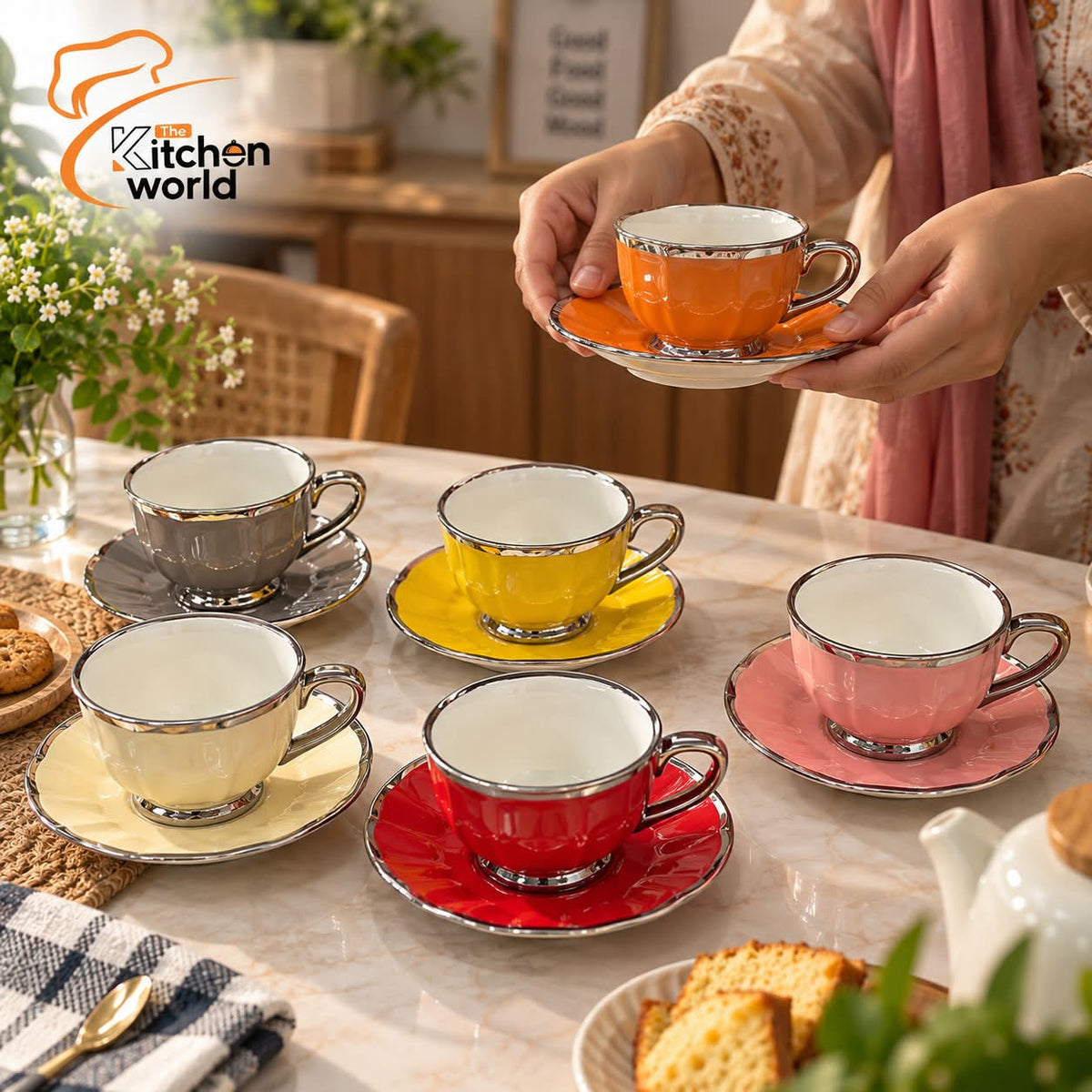 Premium quality multicolor ceramic cup set with stylish colorful designs for serving tea, coffee, and other beverages.