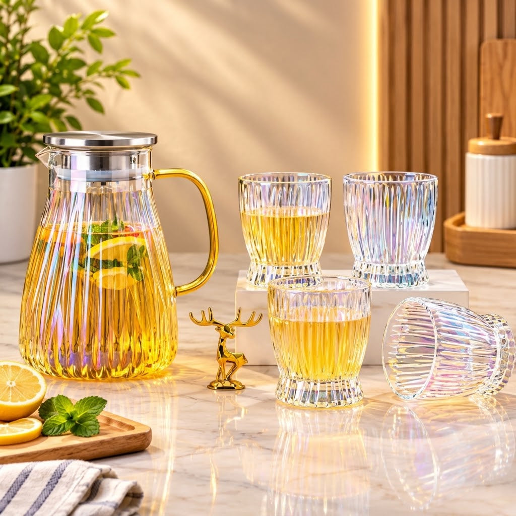 5-piece transparent glass jug and cups set with lid and handle