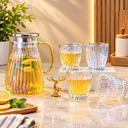 5-piece transparent glass jug and cups set with lid and handle