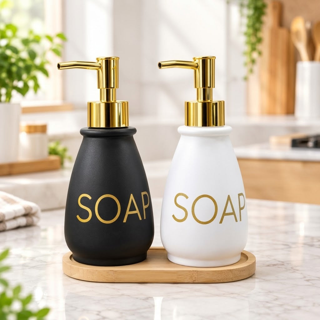 500ml glass soap dispenser with natural bamboo tray