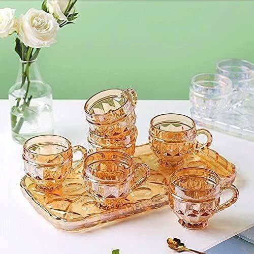 7 Pcs Glass Mug Set with Honey Glass Tray – Elegant Tea &amp; Coffee Cup Set
