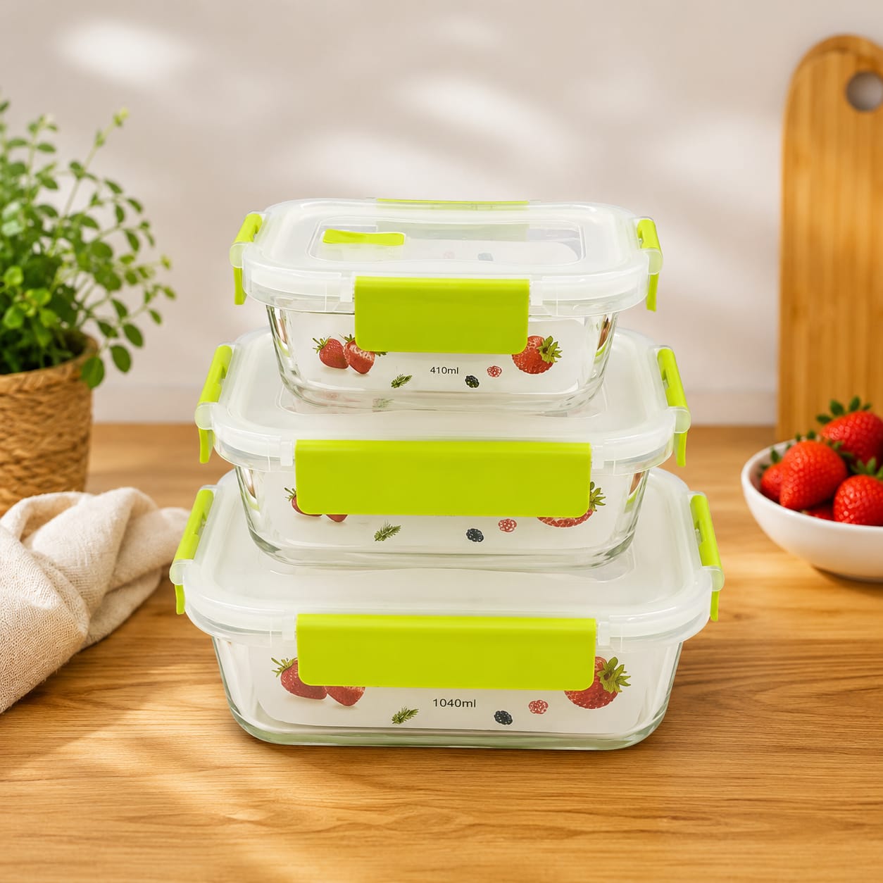 3-piece food storage container set in black with 410ml, 700ml, and 1040ml capacities, airtight food-grade containers for kitchen food storage and meal prep.