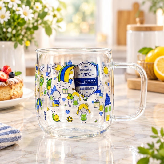 530ml cartoon printed borosilicate glass mug