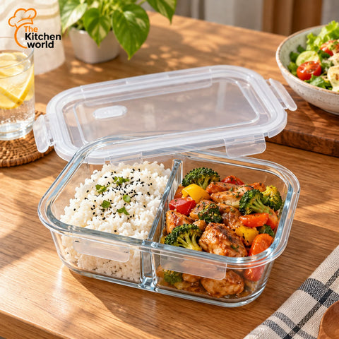 Oven safe divided glass food storage box with multiple compartments for meal preparation, food storage and serving.