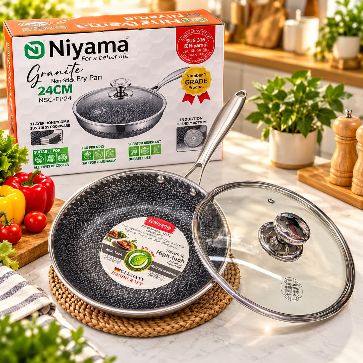 Premium 316 stainless steel honeycomb frying pan with a patterned cooking surface for everyday meal preparation.