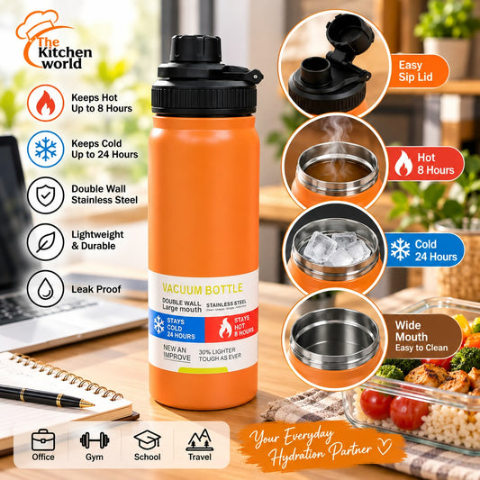 1000ml large capacity stainless steel vacuum water bottle with insulated double-wall design, ideal for hot and cold drinks, office, gym, travel and outdoor use.