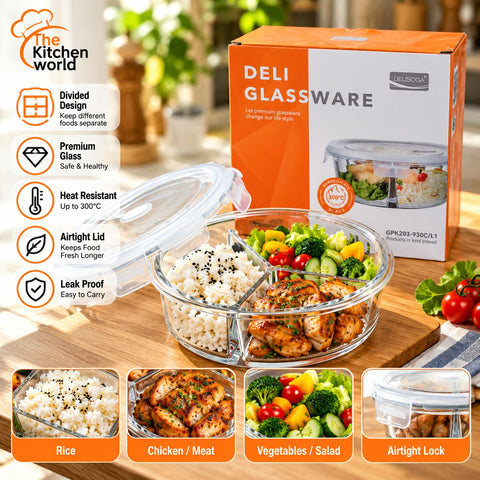 Oven safe divided glass food storage box with multiple compartments for meal preparation, food storage and serving.