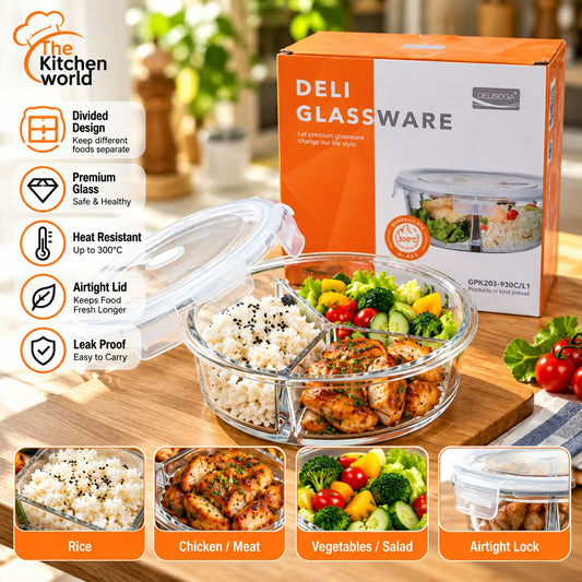 Oven safe divided glass food storage box with multiple compartments for meal preparation, food storage and serving.