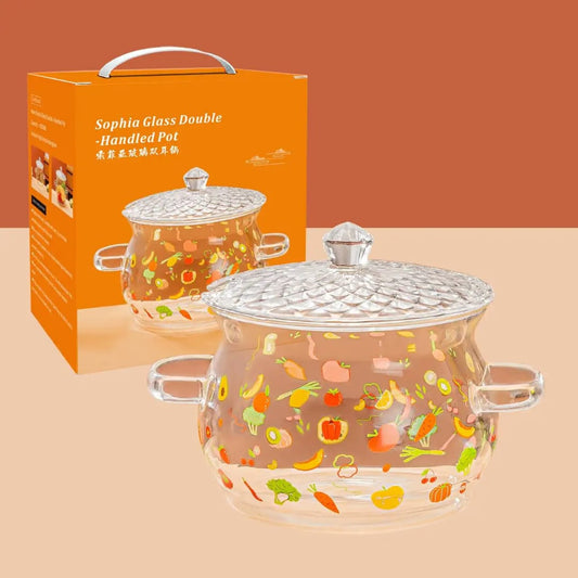 Hammer Pattern Clear Borosilicate Glass Pot with Double Ear Handle