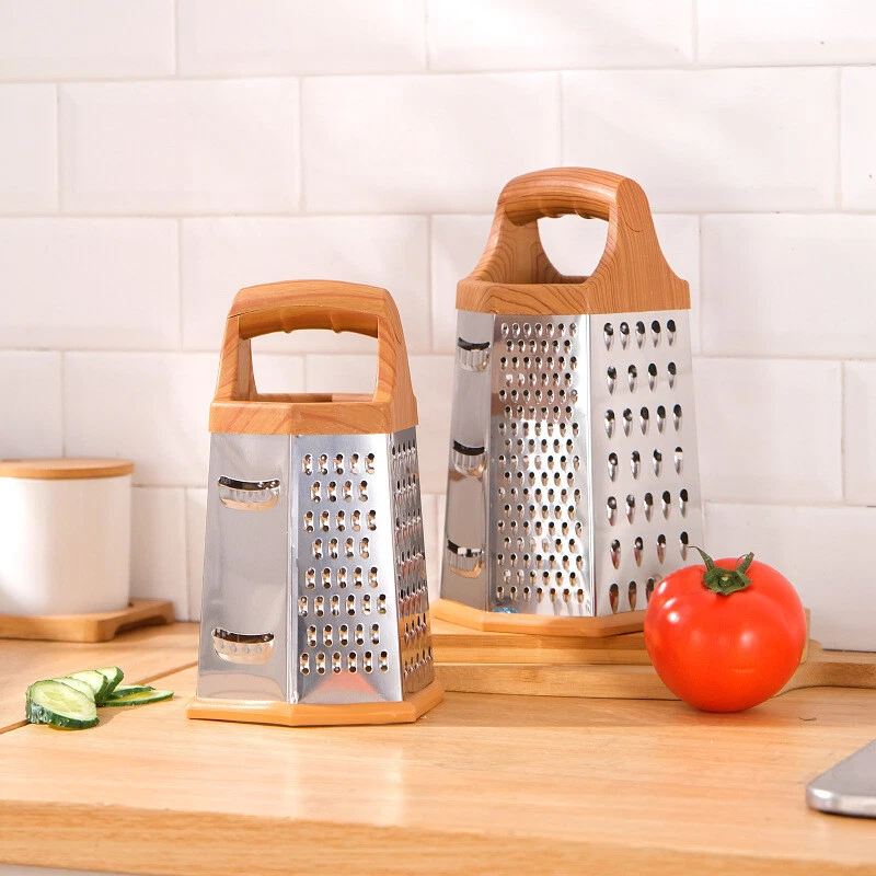 6-in-1 stainless steel box grater with wooden handle