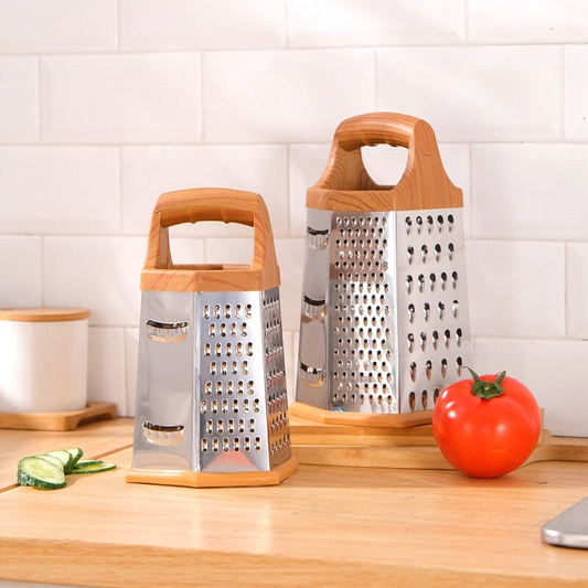 6-in-1 stainless steel box grater with wooden handle