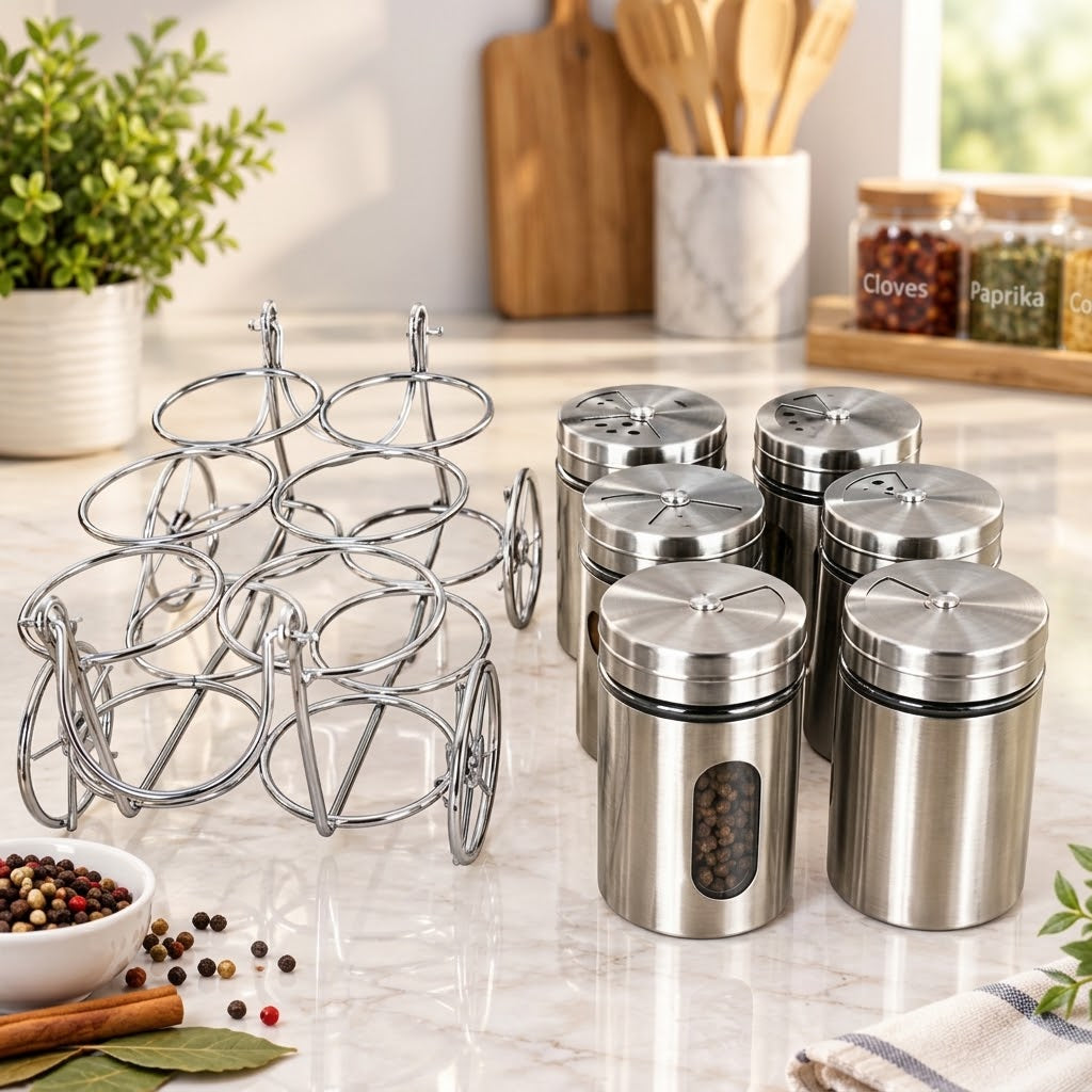 6-piece stainless steel and glass salt pepper shaker set with stand