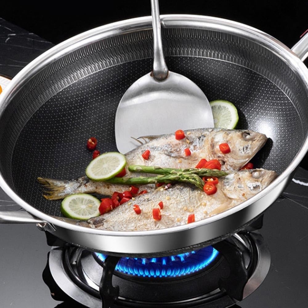 Silver Stainless Steel Non-Stick Wok Pan for Kitchen