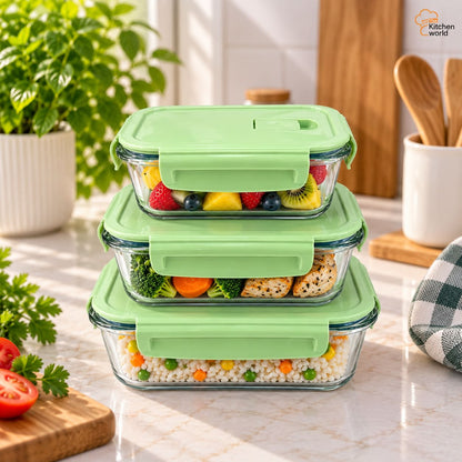 3 piece oven safe food storage box set with three separate containers for storing, reheating, and serving food.