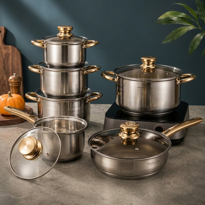 Royal Louis 12-Piece Stainless Steel Cookware Set | 5-Layer Induction & Gas Compatible Pots with Glass Lids