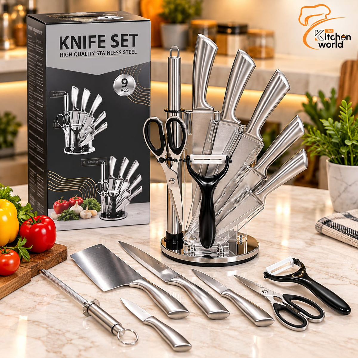 9-piece stainless steel kitchen knife set with horseshoe hollow handles and a rotating knife holder.