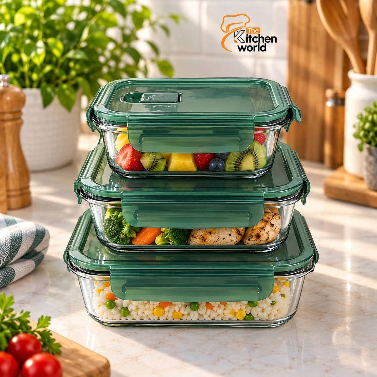 3 piece oven safe food storage box set with three separate containers for storing, reheating, and serving food.