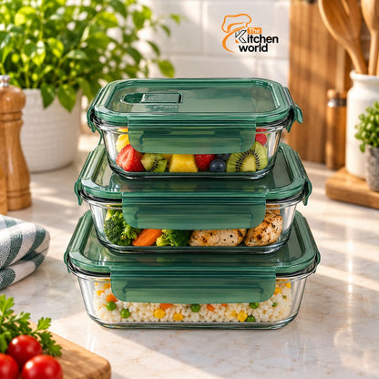 3 piece oven safe food storage box set with three separate containers for storing, reheating, and serving food.