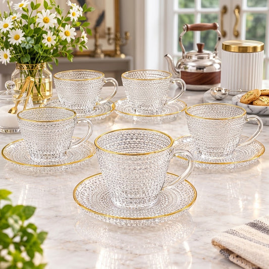 6 pcs clear glass cup and saucer set