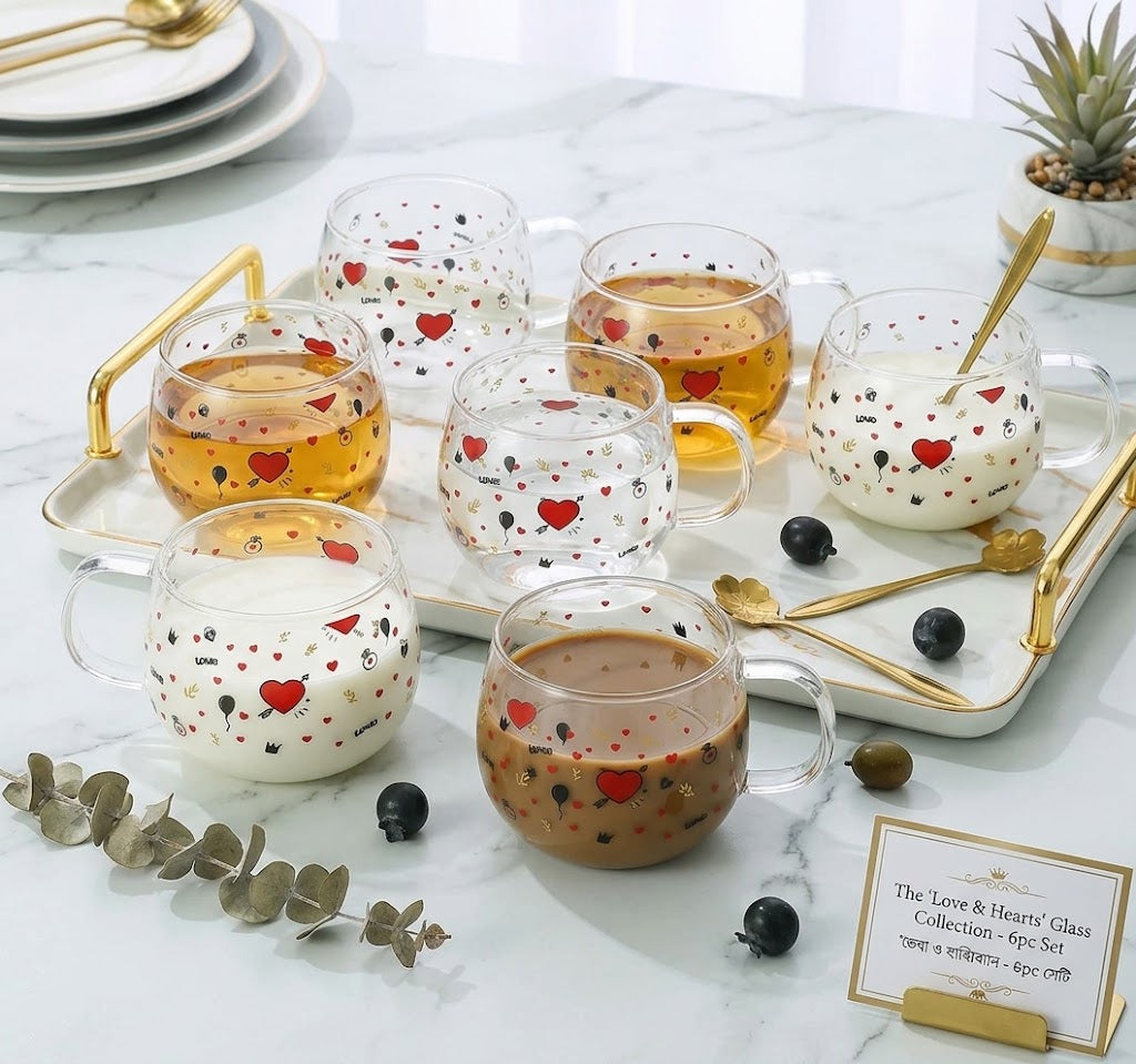 6 pcs love printed borosilicate glass cup set
