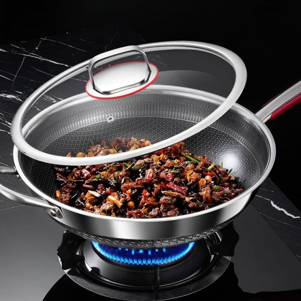 Silver Stainless Steel Non-Stick Wok Pan for Kitchen
