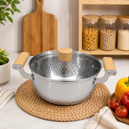 Japanese style hammered snow pan with wooden handle available in 18cm, 20cm, and 22cm sizes, ideal for cooking soup, noodles, milk, sauces, and everyday meals.
