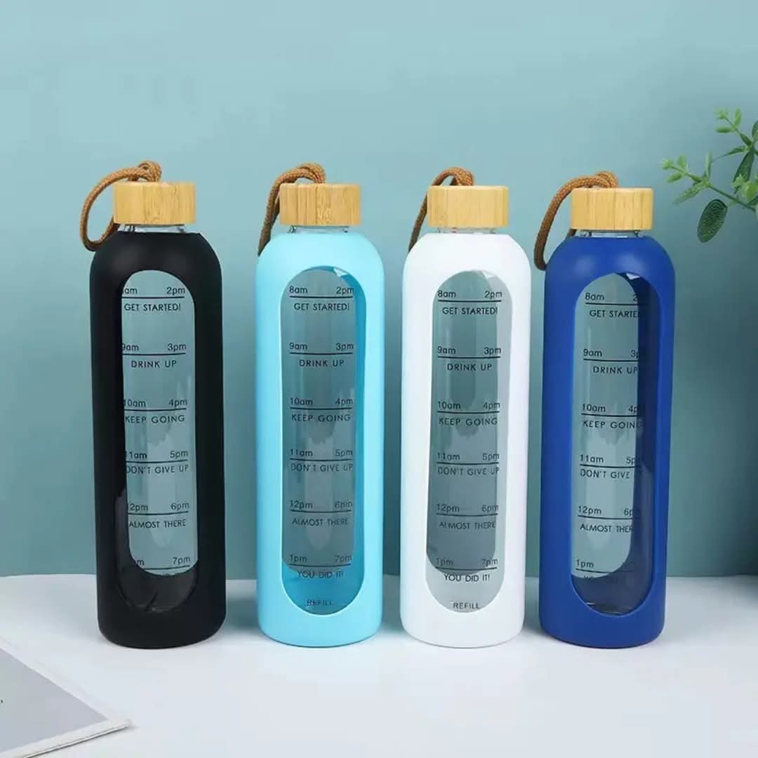 32 Oz Borosilicate Glass Water Bottle with Bamboo Lid | Leak-Proof Motivational Bottle with Silicone Sleeve