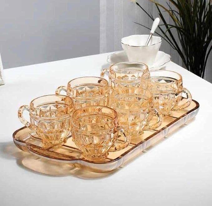 7 Pcs Glass Mug Set with Honey Glass Tray – Elegant Tea &amp; Coffee Cup Set