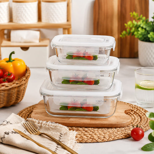 3-piece food storage container set in black with 410ml, 700ml, and 1040ml capacities, airtight food-grade containers for kitchen food storage and meal prep.