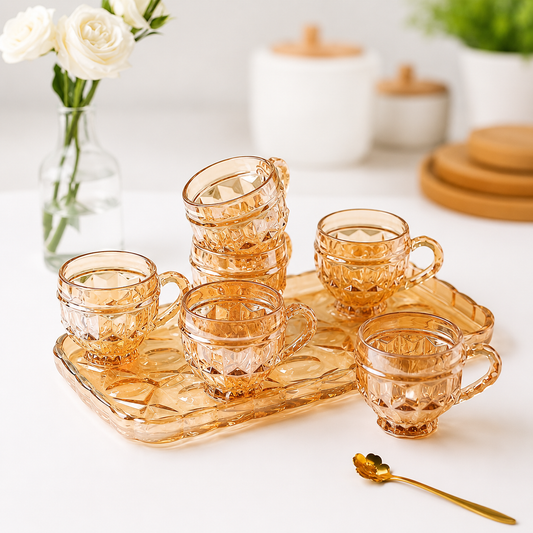7 Pcs Glass Mug Set with Honey Glass Tray | Double Wall Tea & Coffee Cup Set