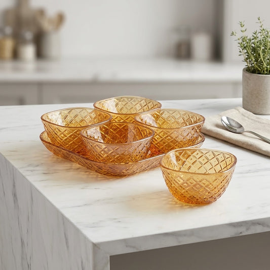 7 pcs glass dessert bowl set with golden pattern